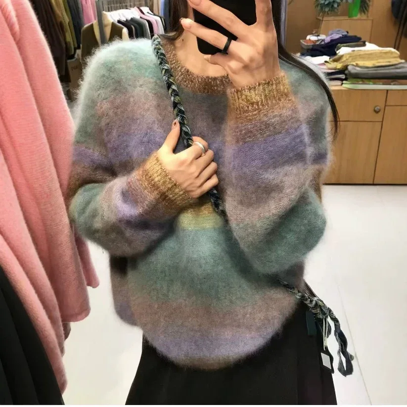 Cross-border girls' sweater  100% brushed silk cashmere rainbow gradient floral yarn sweater knit shirt