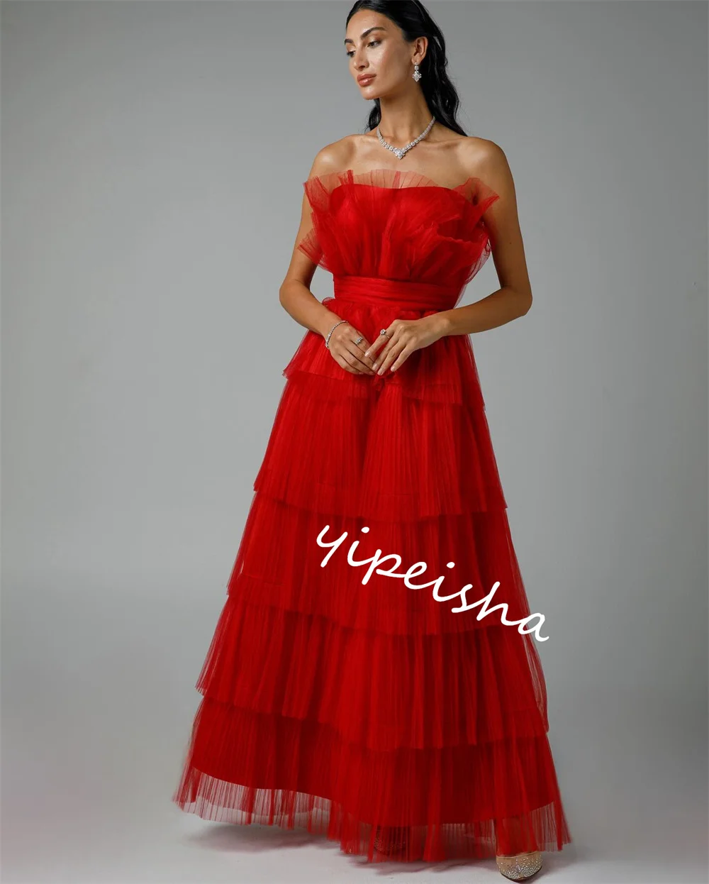 Customized  Evening Prom   Tulle Draped Tiered Christmas A-line Strapless Bespoke Occasion Gown Midi es