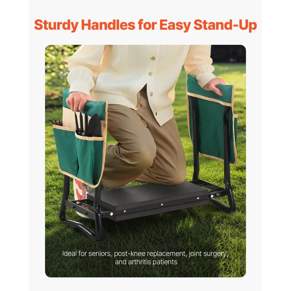 مقعد ركوع للحديقة قابل للطي مع وسادة EVA مقاس 8 بوصات، وحقائب أدوات شديدة التحمل، وتخفف آلام الظهر في الركبة للنساء المسنات