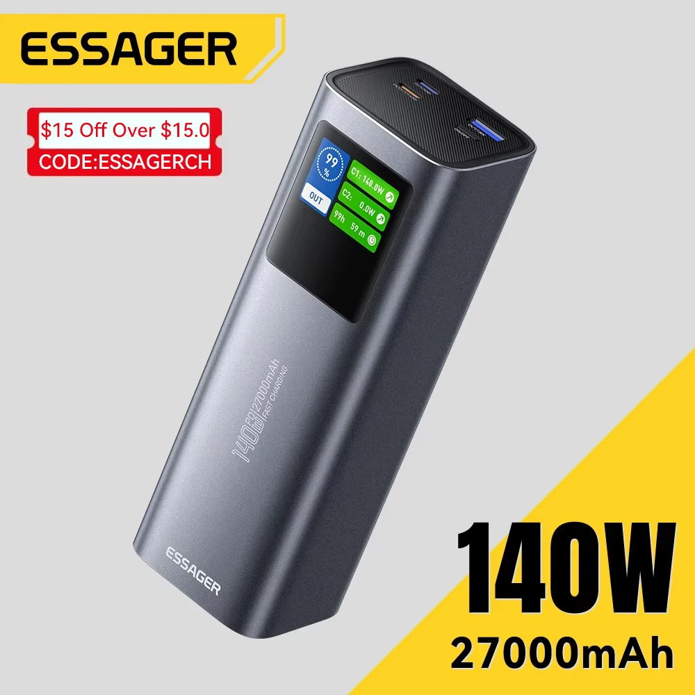 

ESSAGER 140W Power Bank 27000mAh PD3.1 Super Fast Charging Digital Display Portable PowerBank for Macbook Laptop iPhone 17 16 15