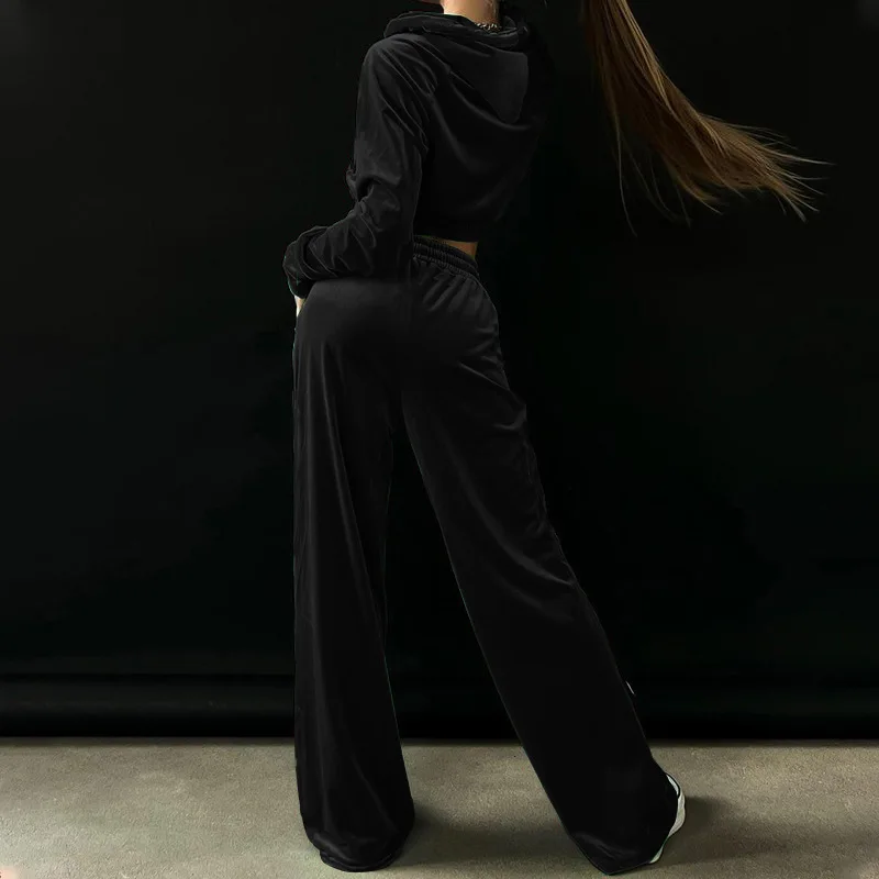 Women Long-Sleeve Zipper Hooded Jacket Drawstring High Waist Wide Leg Pants Suit 2023 Autumn Winter New Velvet Solid Loose Suit