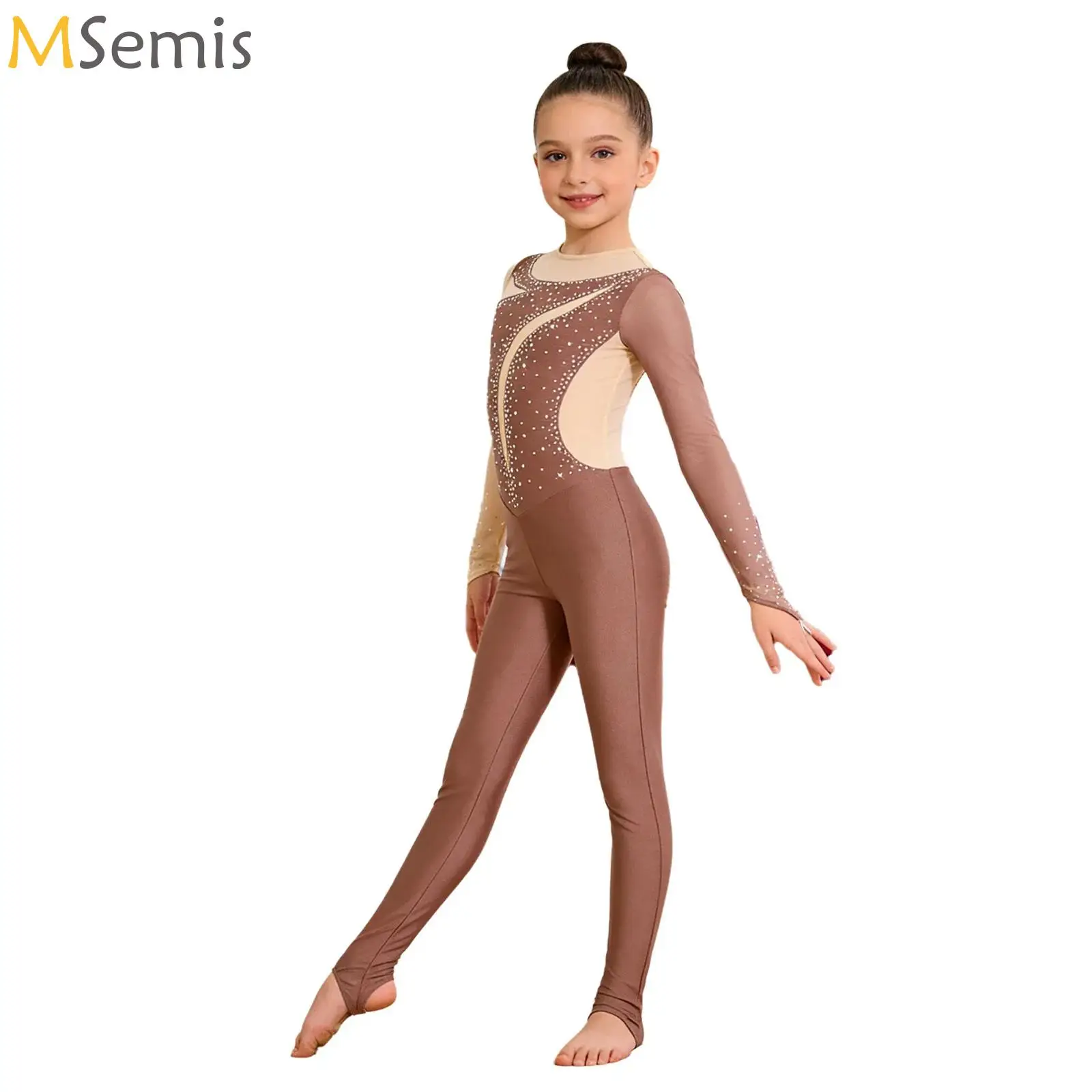 

Girls Color Block Dance Stirrups Bodysuit Long Sleeve Ballet Gymnastics Leotards for Kids Children's Costumes Dancewear Jumpsuit