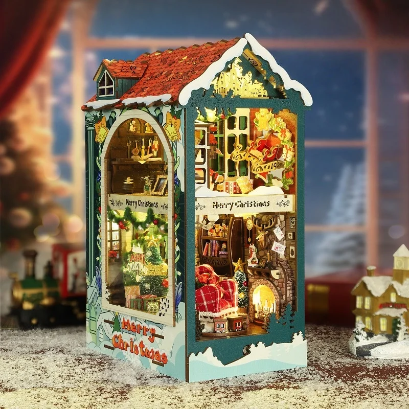 زاوية كتاب عيد الميلاد المبهجة من OUZEY، منزل عطلة خشبي ثلاثي الأبعاد، هدية الموسم الاحتفالي للمراهقين #3