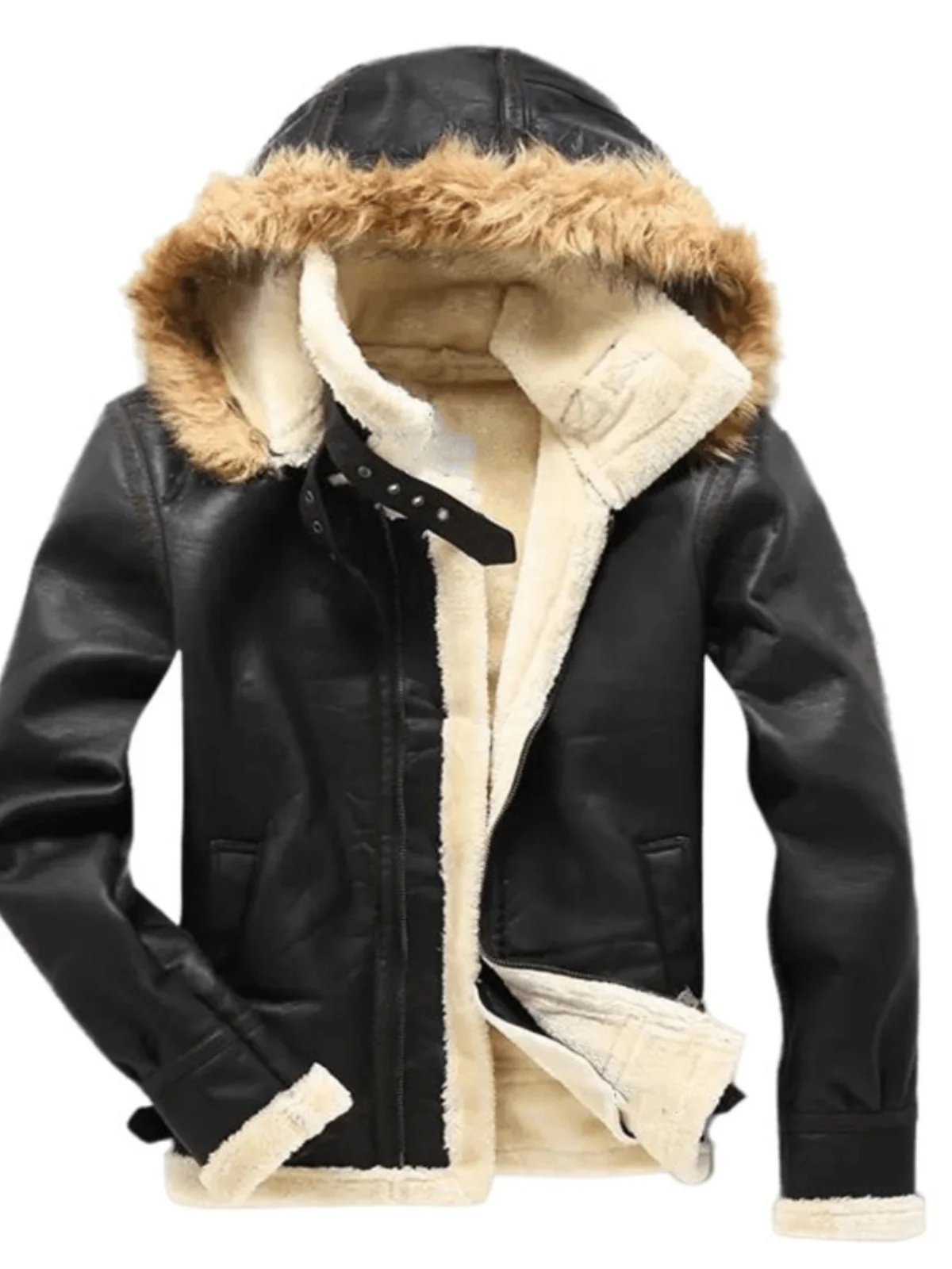 

Men's Winter Coat Hooded Jaet Individual Belt Bule Faux Leather Velvet Men's Coat Leather Fur Inteated Long Sve