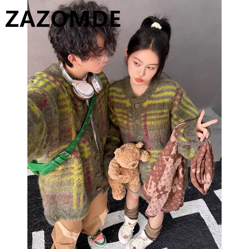 ZAZOMDE Winter New Vintage Oversize Sweaters Streetwear Y2k Clothes Knitted Jumper Jacquard Fashion Couple Cardigan Sweater Coat