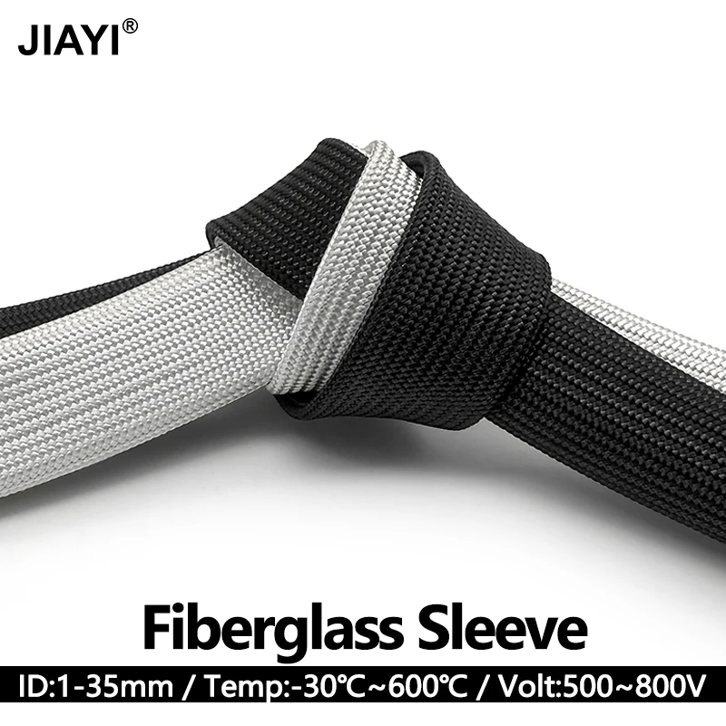 2/5M Alkali Free Glass Fiber Braided Sleeve ID1-35mm High Temp Chemical Resistant White/Black Industrial Protector