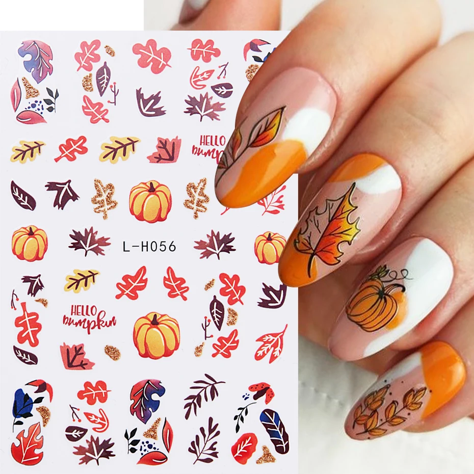 3D Cartoon Fall Nail Art Stickers Golden Pumpkin Maple Leaf Tree Leaves Self Adhesive Decals Autumn Winter Manicure Decorations