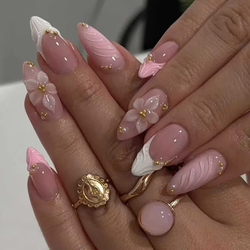 

24 Pcs Pink French 3D Flower Decorations for Fake Nails Almond Press on Nails Acrylic Artificial Reusable False Nails Self-nail