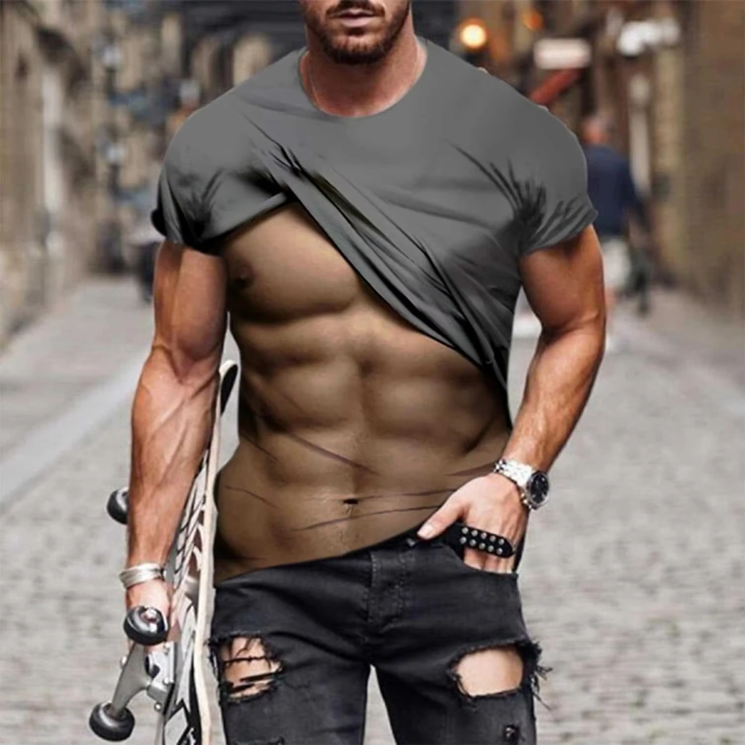 Unisex 3D-Optik-Illusion Muskel-Bauchmuskeln-Print T-Shirt, Fake-Body-Grafik Kurzarm-T-Shirt, Lustige Neuheit Freizeit-Oberteile für Männer und Frauen – Detail 5