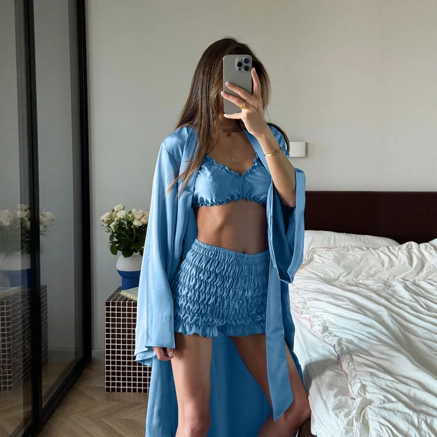 

Comfortable Casual Folded Strap Bralette Shorts Cardigan Sleepwear Three-Piece Set Women's High Waist Short Pants Long Sleeve...