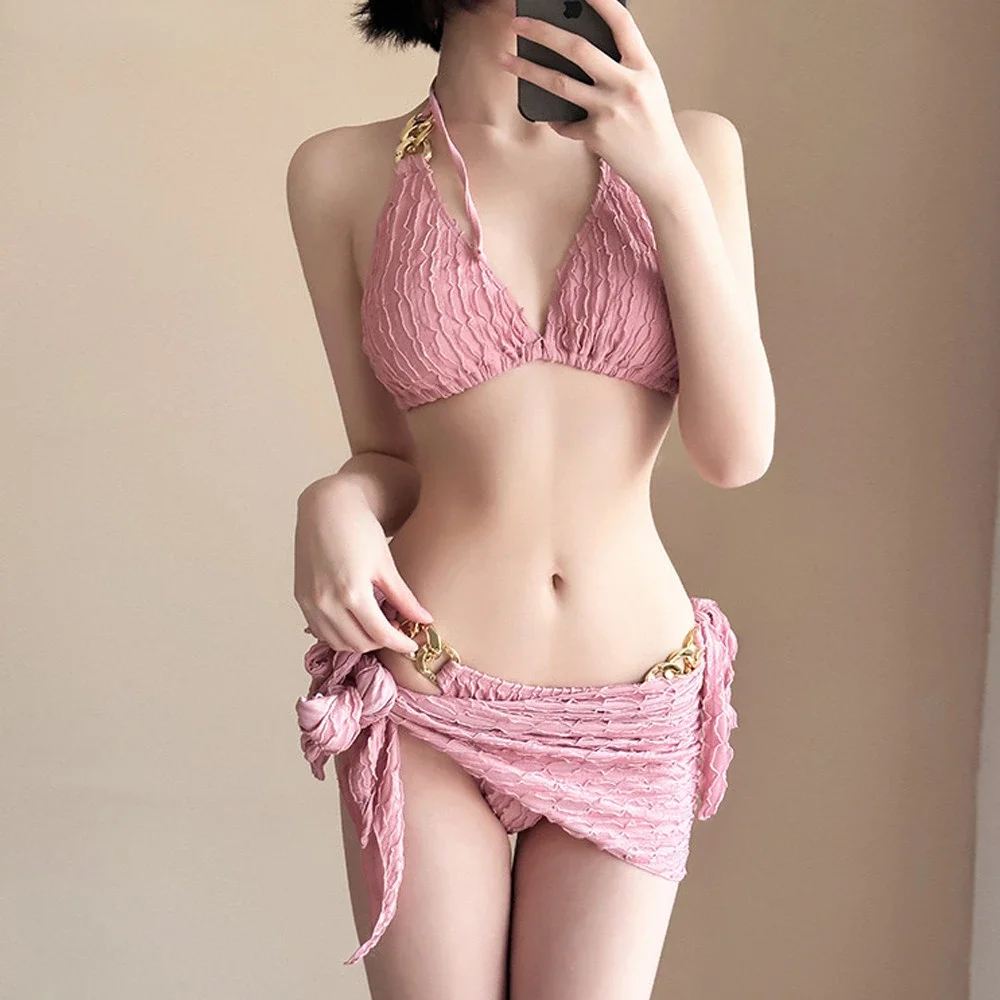 

VigoAnne однотонный сексуальный комплект бикини из 3 предметов с низкой талией, женский 2024, купальник с завязками на шее и пуш-ап, корейский купальный костюм с открытой спиной