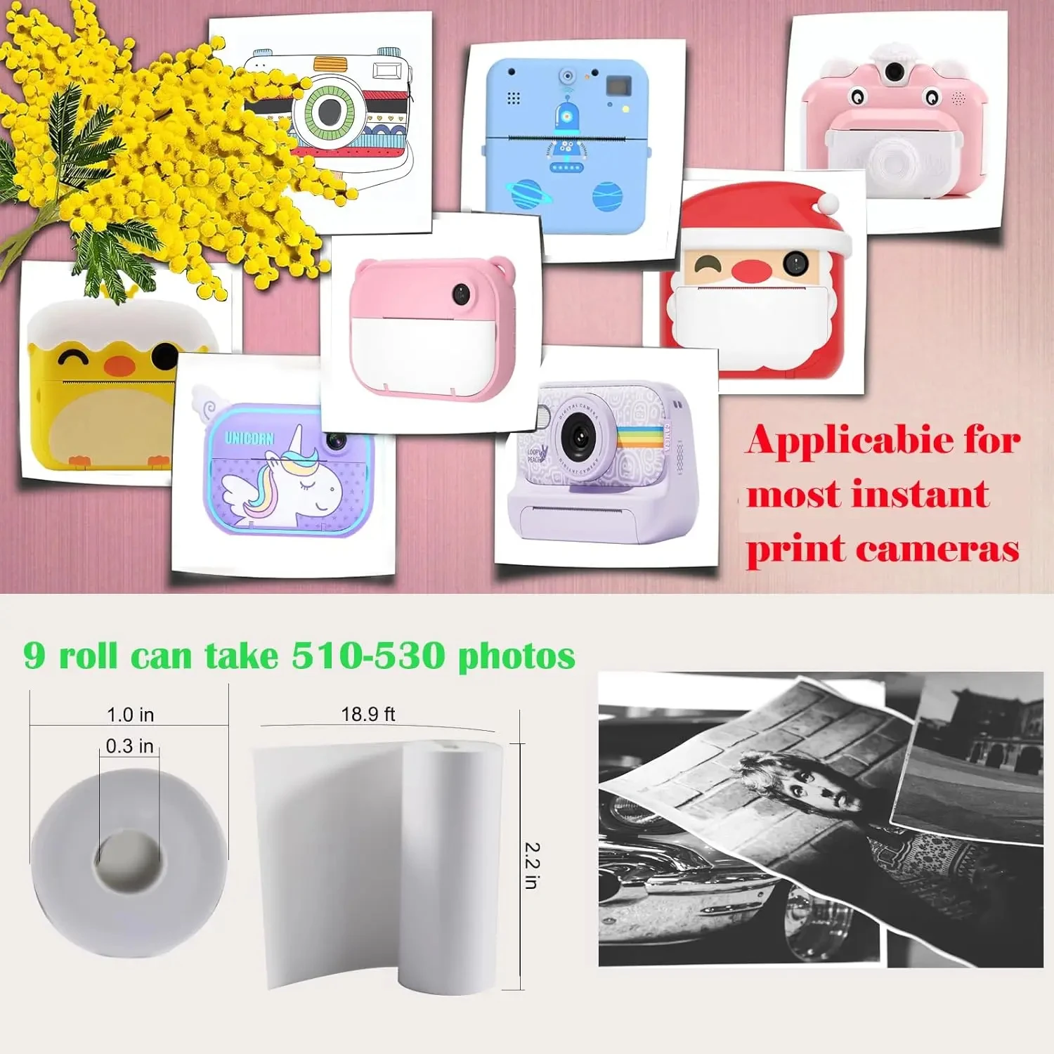 Kids Instant Camera Refill Print Paper White Non-Adhesive 57mm-Photo Printer Thermal Paper Rolls for Portable Mini Printer