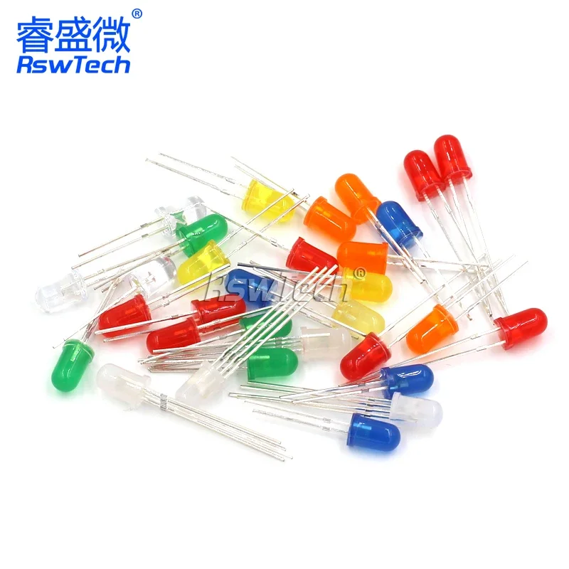 5mm LEDs with various colors, short and long pins, high brightness flash diodes