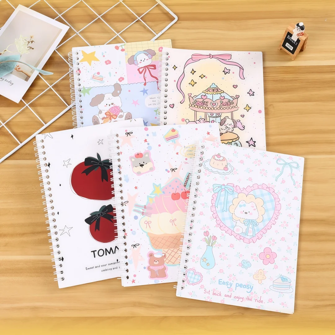 Double Sided Release Paper Spiral Notebook Japanese Style Cute Puppy Cover Sticker Storage Books for Student Journaling Doodling