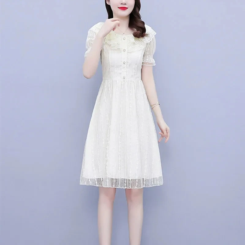 Black Fungus Edge Lace Dress Spliced Fairy Dress Fat Sister Shows Thin Cover Belly Summer New Dress