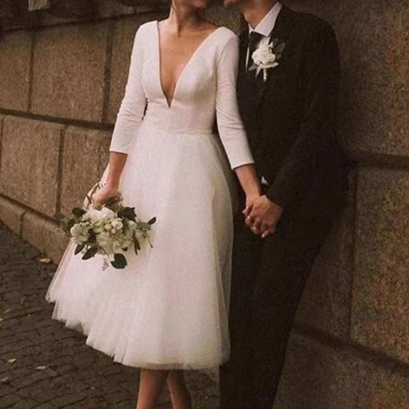 

Customized Elegant Ankle-Length Bridal Gown A-Line V-Neck 3/4 Sleeves Simple Wedding Dress for Bride Mariee Short Robe