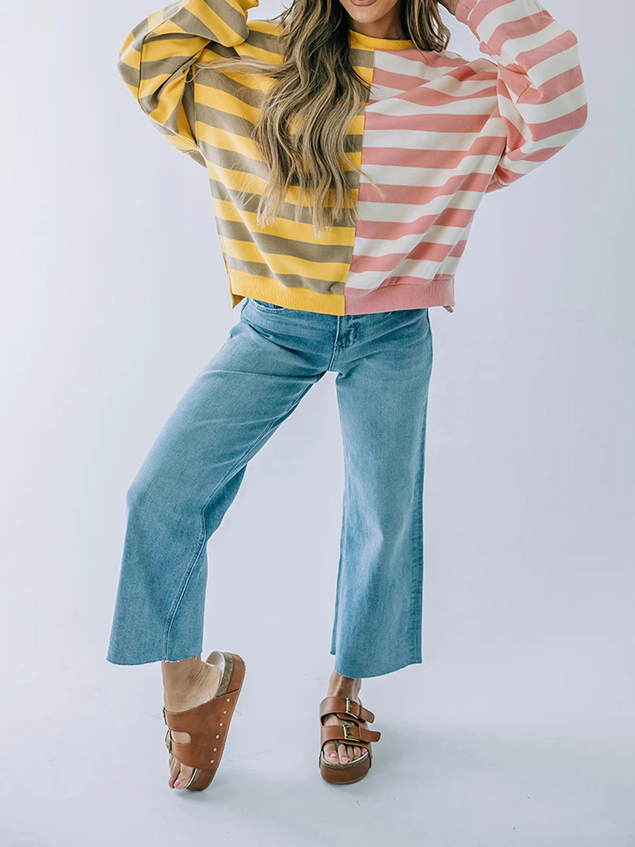 بلوفر نسائي مخطط بأكمام طويلة ورقبة مستديرة ، سويت شيرت فضفاض ، الربيع والخريف