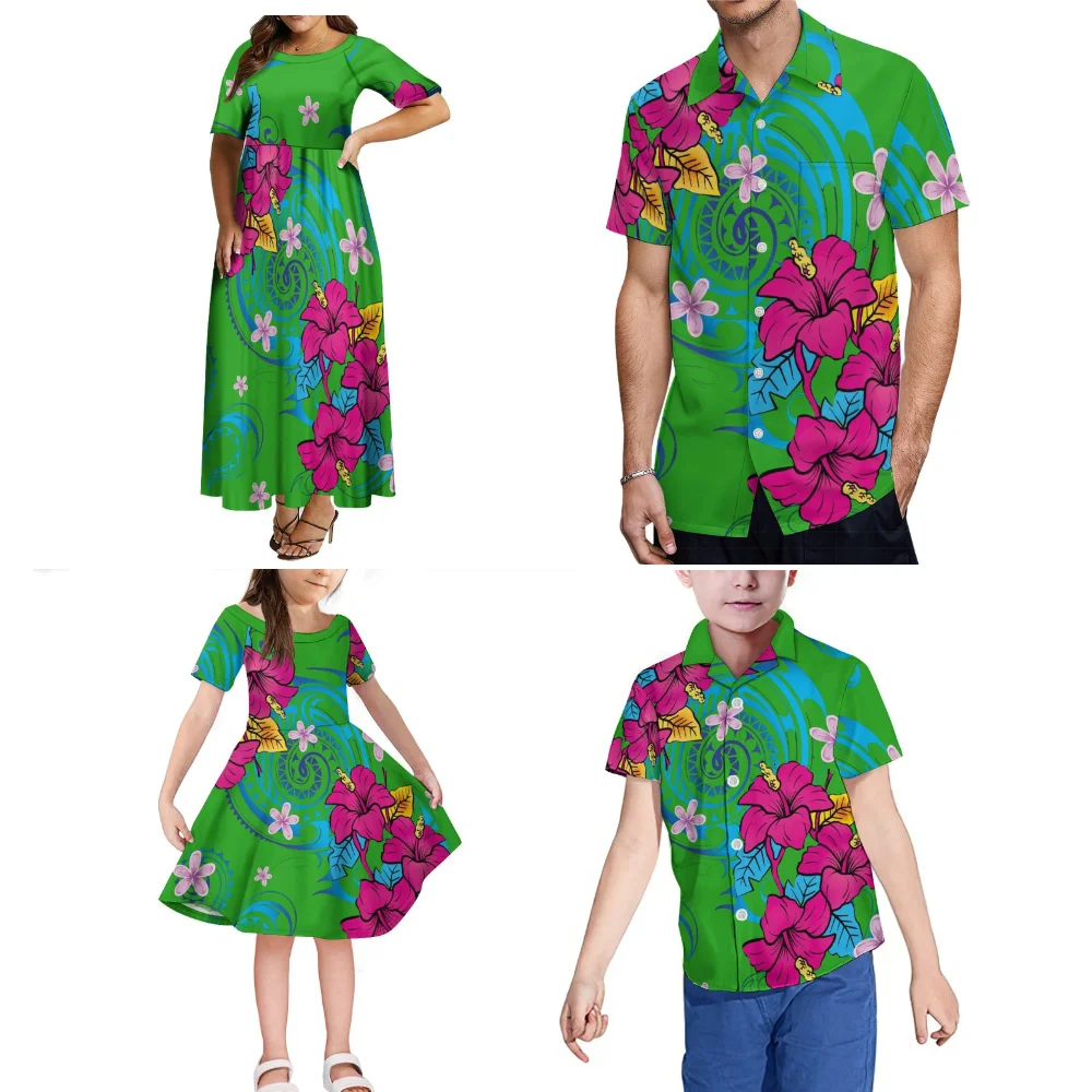 Uniforme de fiesta familiar personalizado para hombres y niños, estampado Floral, vestido de dobladillo grande para damas, camisa hawaiana para niñas, venta al por mayor