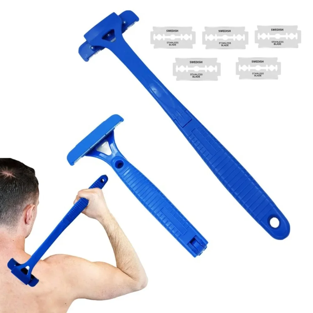 Long Handle Folding Body Shaver para homens, aparador de pêlos traseiro, lâmina de perna, ferramenta de depilação, lâminas substituíveis, 5pcs