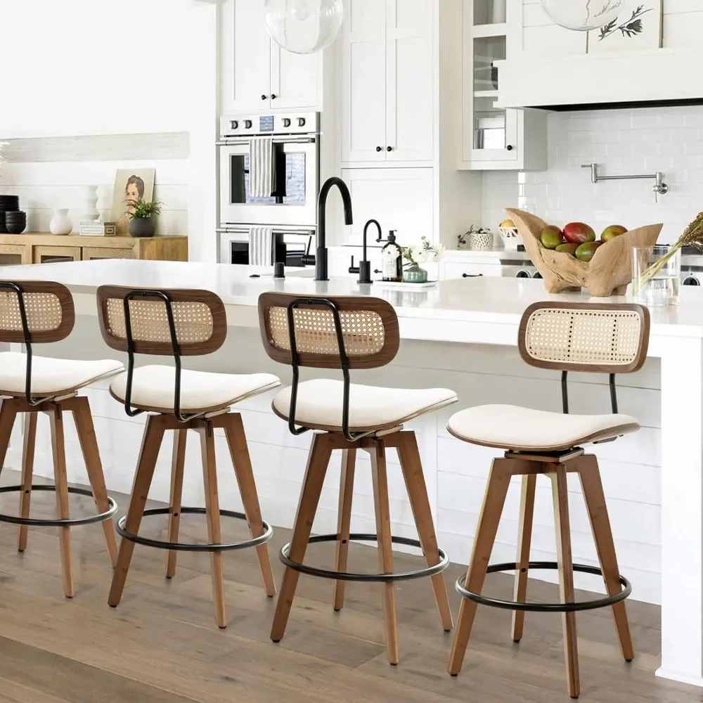 

26" Rattan Bar Stools Set of 4, Beige Faux Leather Counter Height Swivel Barstools with Rattan Backrest and Wooden Legs,Armless