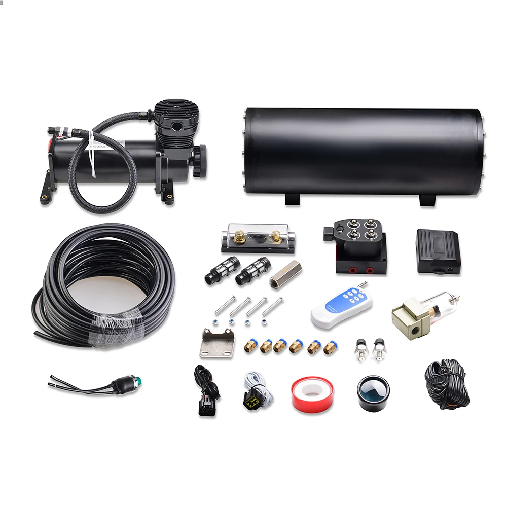 Air Suspension Kit with 1.6 Gallon Air Tank ,200 PSI Air Compressor ,Dual Air Pressure Gauge ,One Click Down Remote Controller