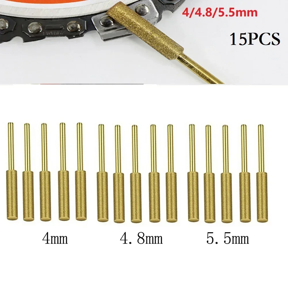 15pcs Diamond Coated Cylindrical Burr 4/4.8/5.5mm Chainsaw Sharpener Stone File Chain For Saw Sharpening Carving Grinding Tools