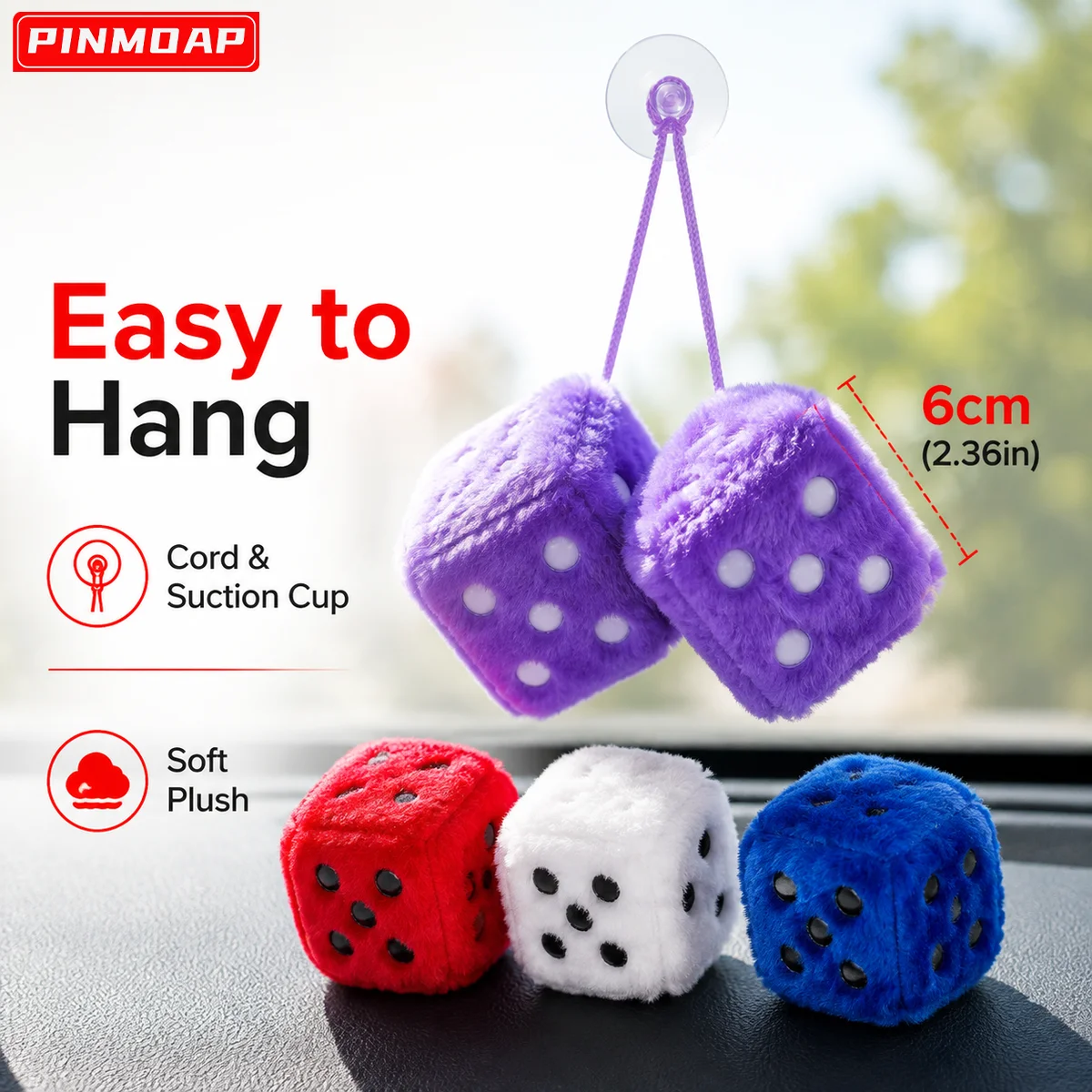 PINMOAP 1Pair Plush Fuzzy Dice Hanging Charm Stuffed Dice Ornament for Car Rear View Mirror Vehicle Interior Decor Accessories