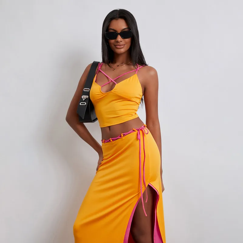 

Женские комплекты из 2 предметов WPNAKS, летняя одежда, шикарные и элегантные топы на бретелях-спагетти без рукавов и длинная юбка, сексуальная клубная одежда