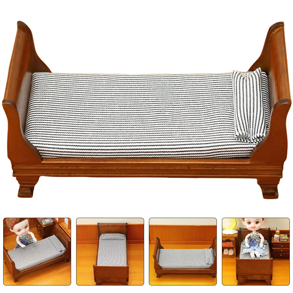 

Mini House Bed Ornament Wood Cloth Miniature Bed Simulation Furniture Decoration Mini House Accessories for Children Playing