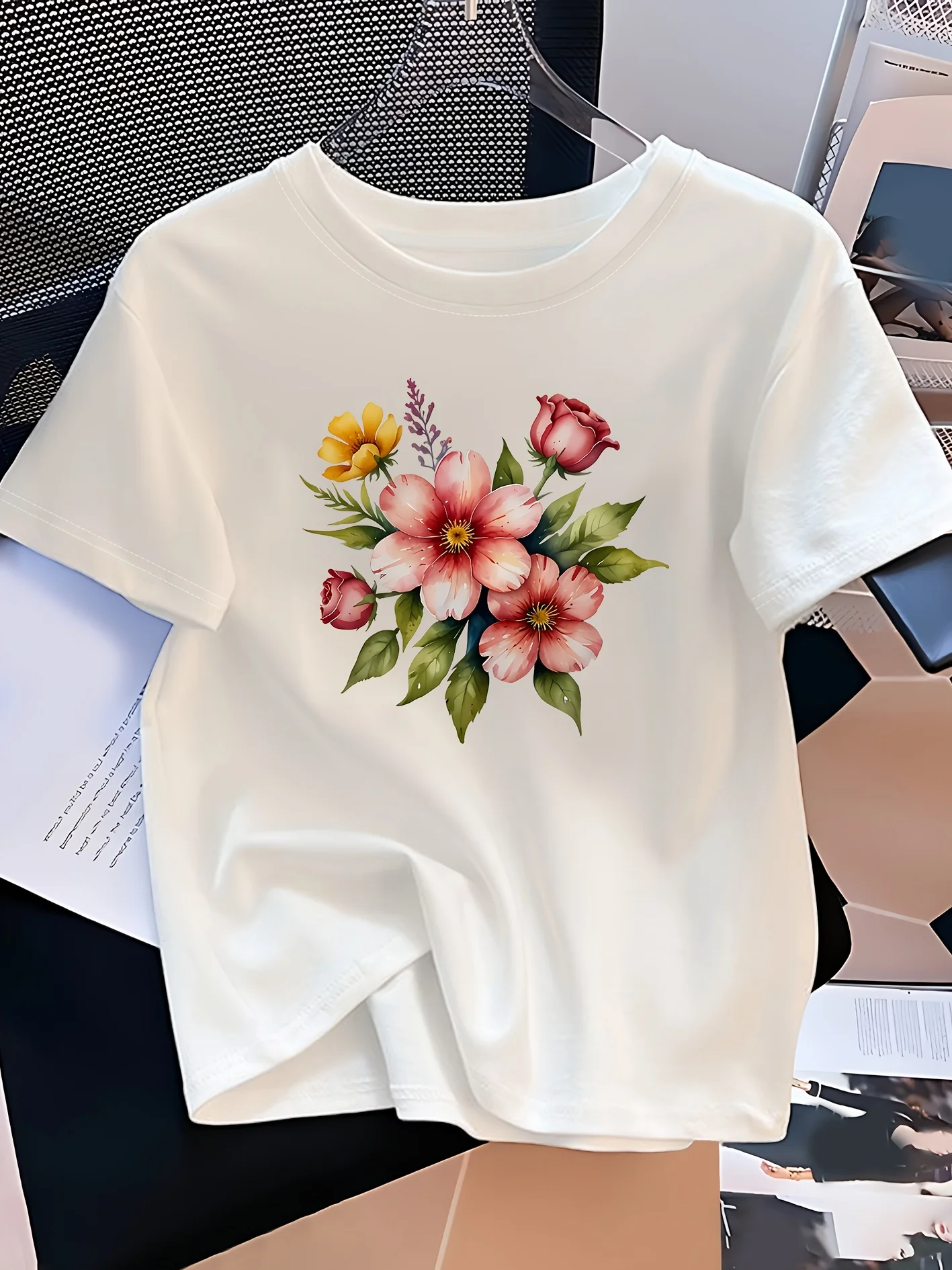 

Women's Casual Short Sleeve T-Shirt Pink Floral Letter Print Harajuku Sleeve Casual Clothing Street Tops Tees Aesthetic Clothes