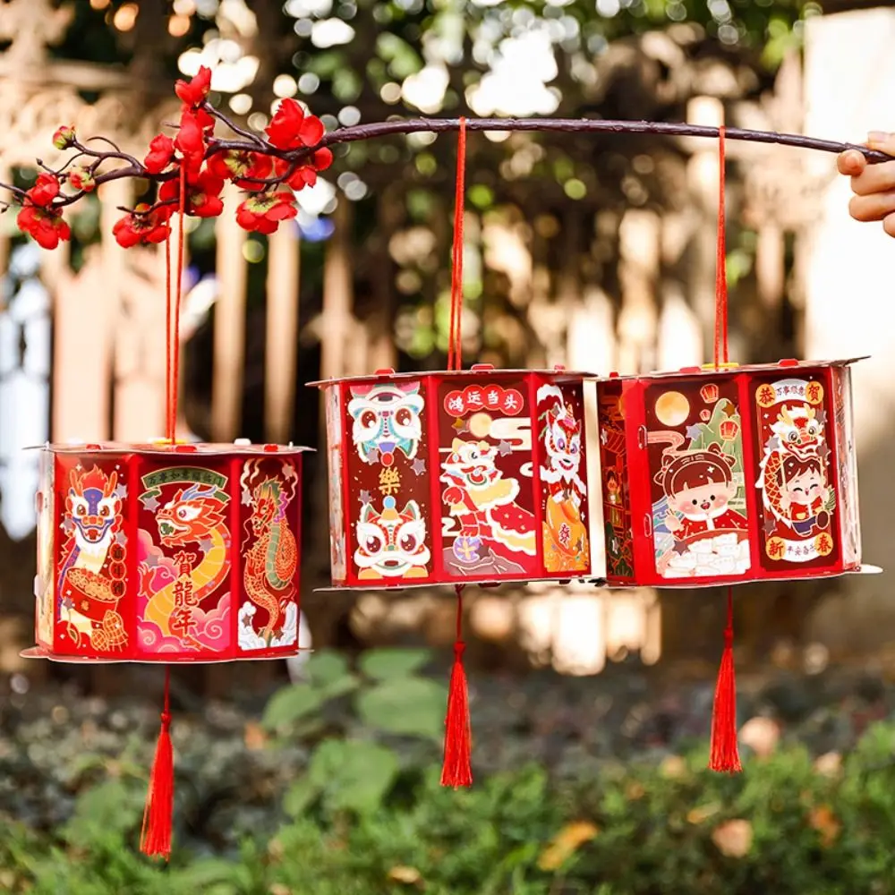 Loong-Linterna de mano brillante para niños, luz LED de León bailarín, linterna de bricolaje para Festival, lámpara de estilo chino rojo luminoso