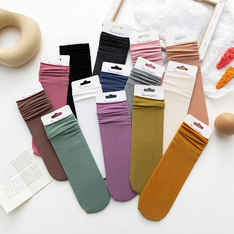 

Новые весенне-осенние хлопковые носки для женщин и студентов ярких цветов, эластичные гофрированные носки со средним ворсом, однотонные тонкие чулки для девочек