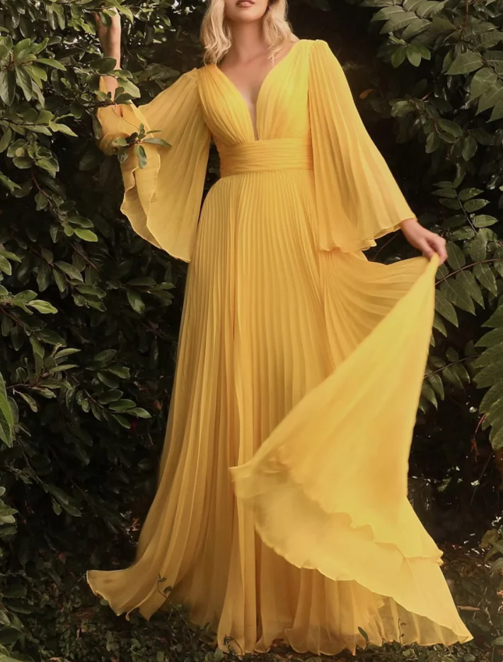 

Meetlove Elegant Long Yellow Chiffon Evening Dress With Sleeves A-Line V-Neck Prom Dress Floor Length Party Gown for Women