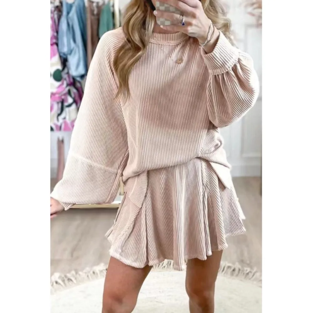 

Casual Loose T-shirt Long Sleeved O Neck Women's 2piece Set Spring Summer New Fashion Lantern Sleeve Solid Color Female SkirtSet