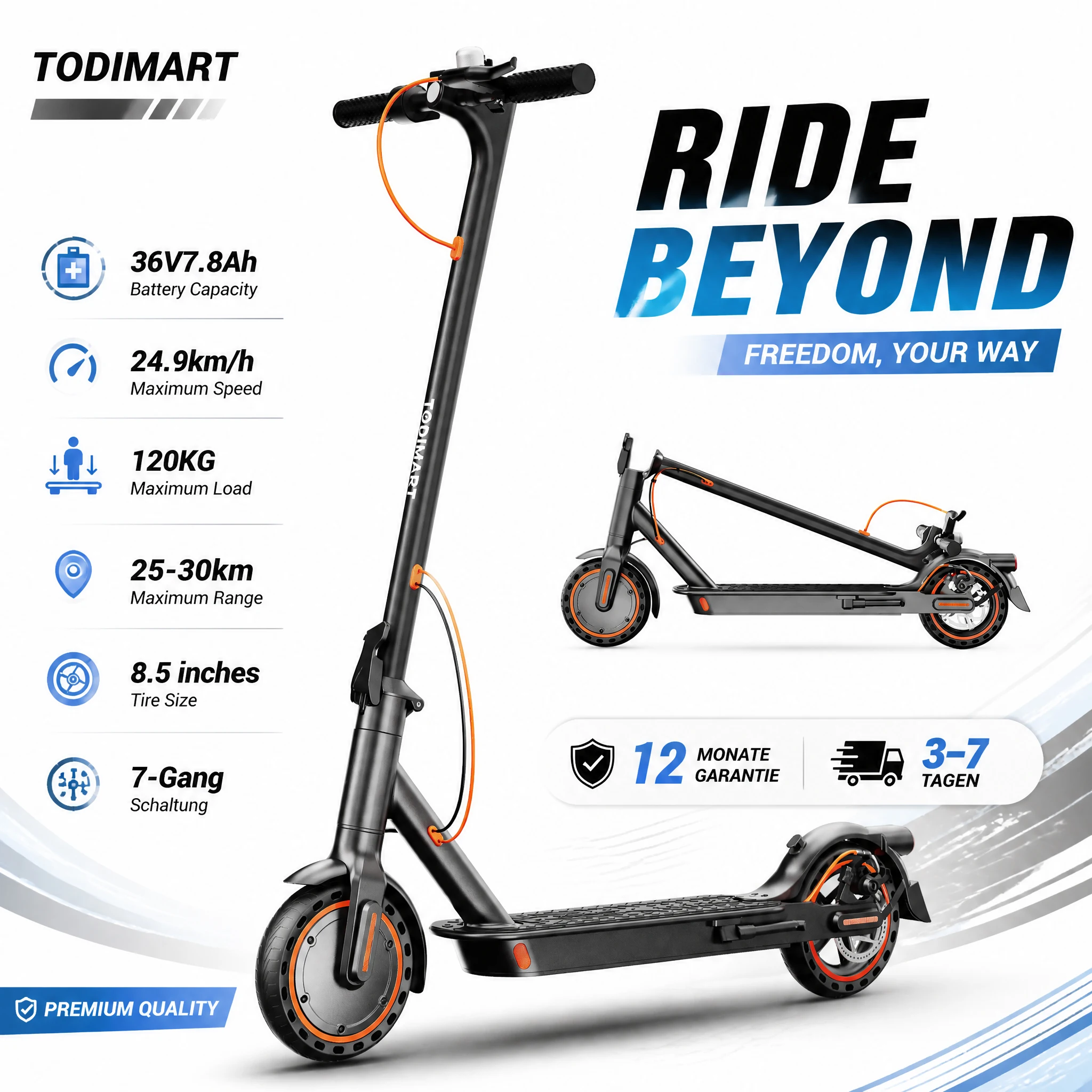 Patinete eléctrico TODIMART T3, con neumáticos macizos de 8,5 pulgadas y diseño de panal, velocidad máxima de 24,99 km/h, autonomía de 25 a