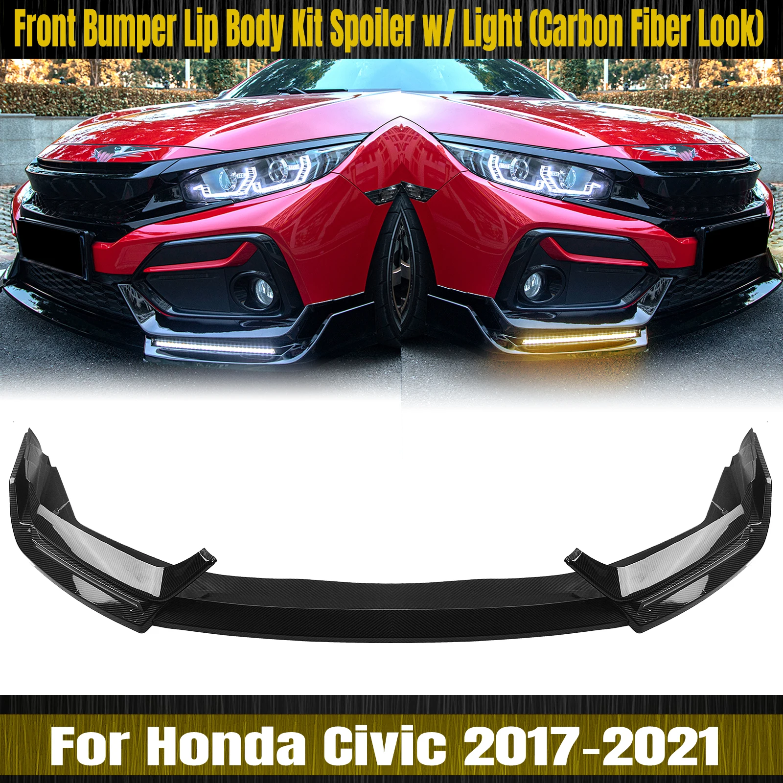 

For Honda Civic Si Hatchback 2017-2021 10th FK7 Fk8 Front Bumper Spoiler Lip Carbon Fiber Look/Gloss Black Splitter With Light