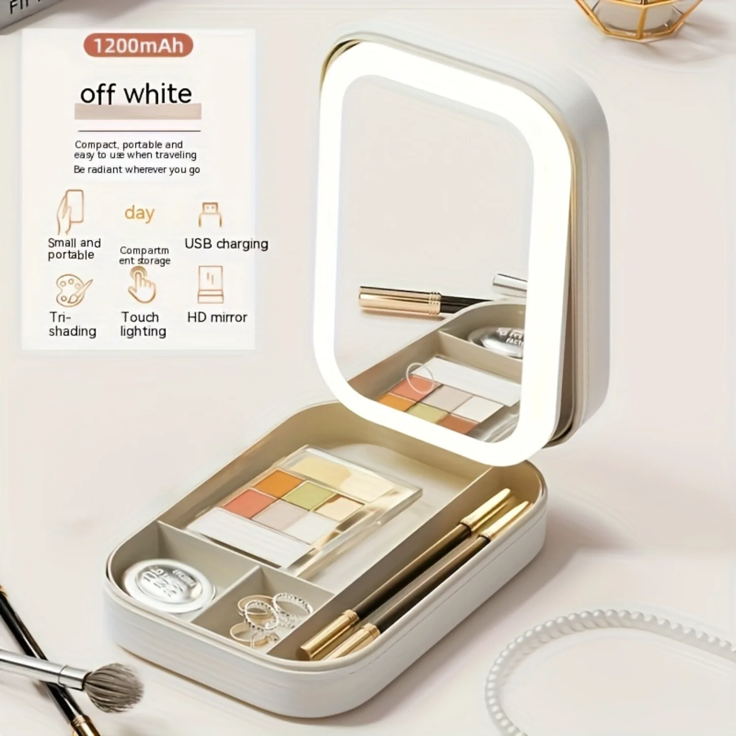 LED Illuminated Portable Makeup Mirror, Multi-Functional With 3-Color Lighting, Adjustable Folding Design, Jewelry  Compartment,