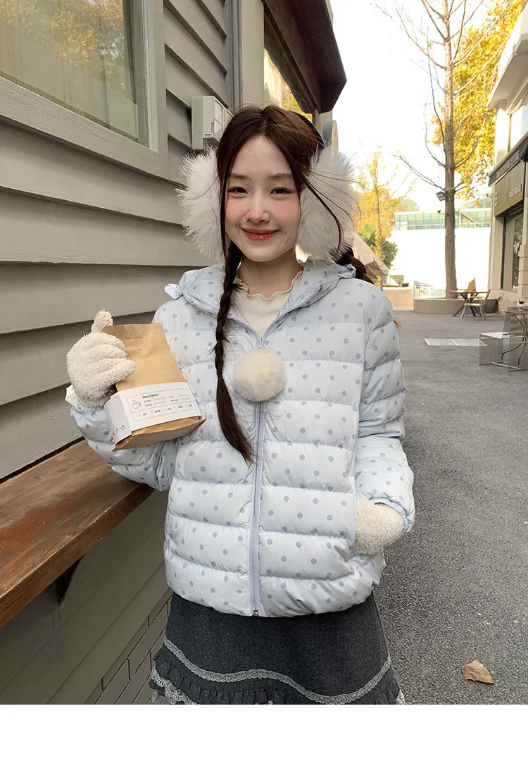 Korean Cropped Polka Dot Hooded Cotton-padded Jacket Women Zip Up Casual Winter Warm Outerwear Woman Sweet Cute Puffer Jackets
