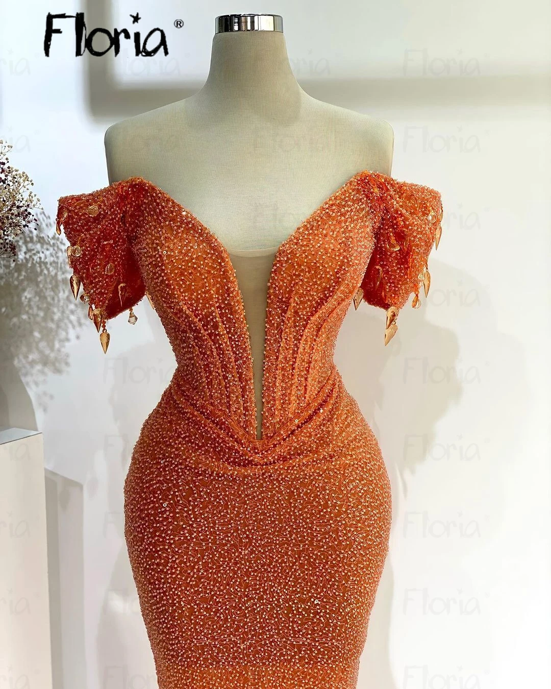 Aso Ebi Orange Beaded Party Dress Dubai Off Shoulder Mermaid Wedding Prom Gowns Arabic Luxury Celebrity Dresses Birthday Wear