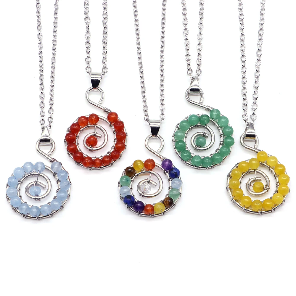 

Vintage Spiral Vortex Boho Goth Pendant Hand-woven Wrapped Natural Colors Crystal Gem Beads Conch Silver Necklace for Women Gift