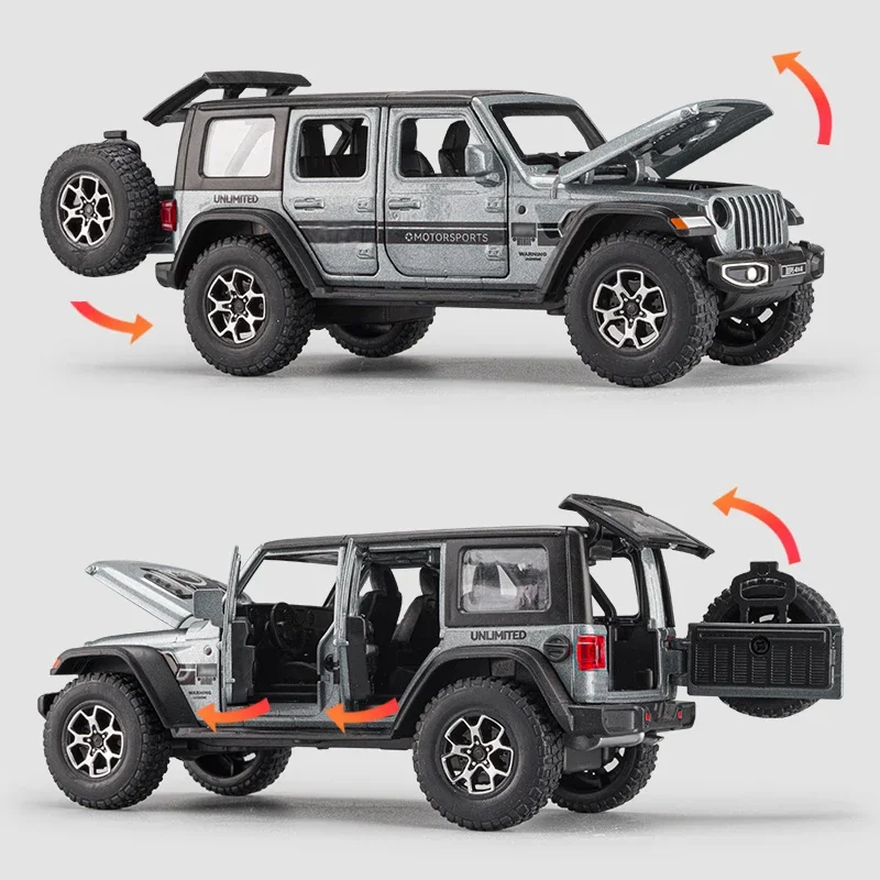 Wrangler Rubicon Diecast Car Model for Kids, Metal Off-Road, Rib Back Car, Simulation, Sound Light Toy, Gift Vehicles, Alloy, 1:32