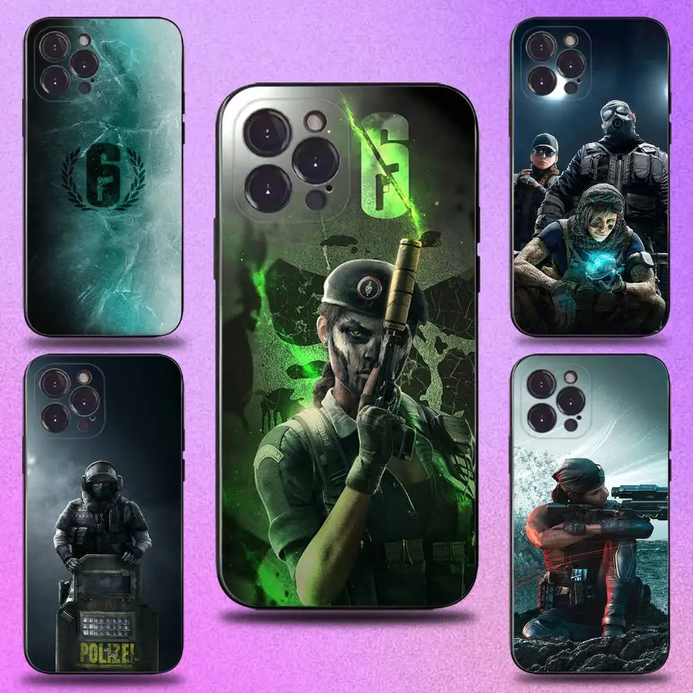 Funda de teléfono Rainbow S-Six S-Siege para iPhone 16,15,14,13,12,11 Plus,Pro Max,XS,X,XR,SE,Mini,8,7, funda negra de silicona suave
