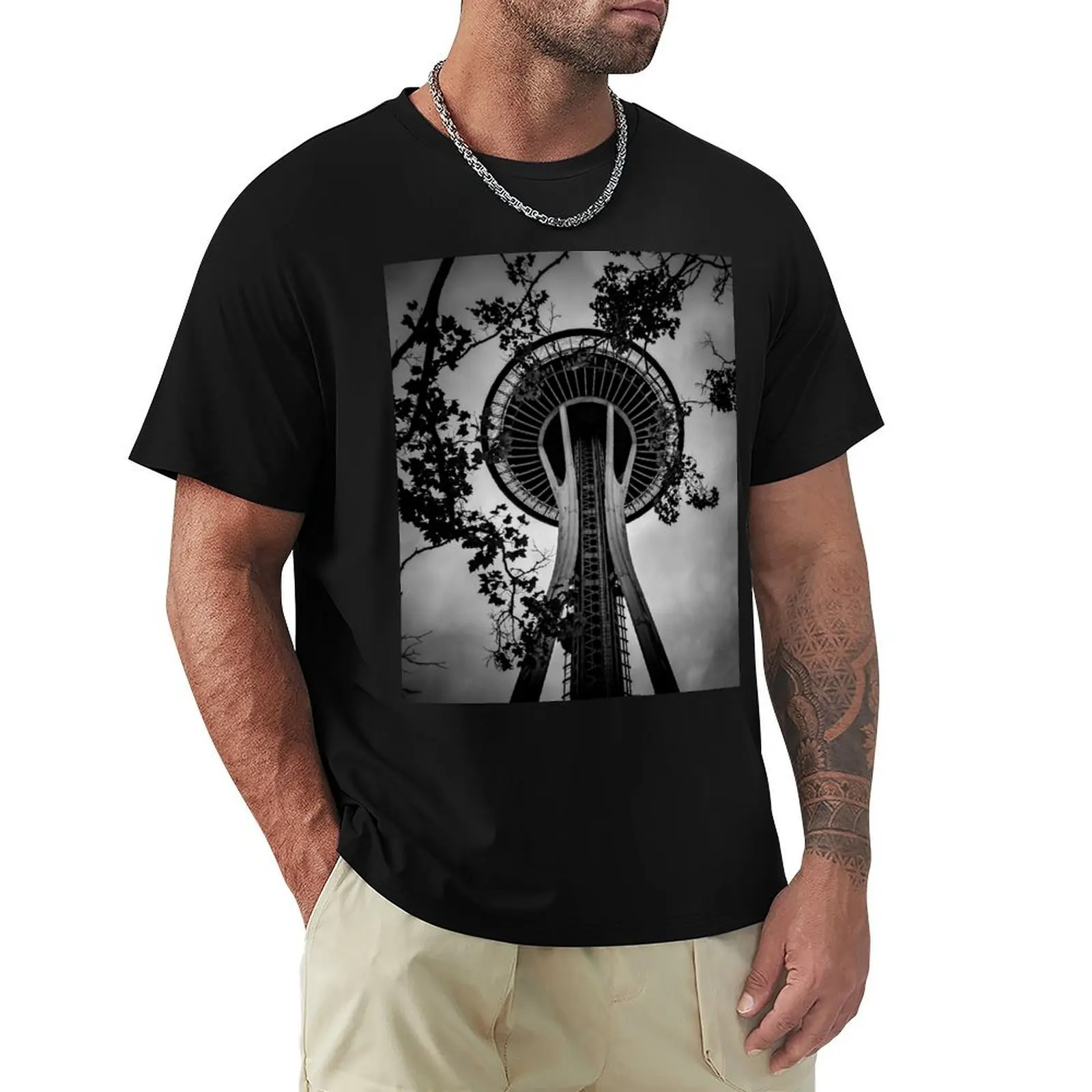 travel wall tapestry trees tapestries Space Needle in Seattle, Cascadia T-Shirt Casual Holiday Short Sleeve Tee