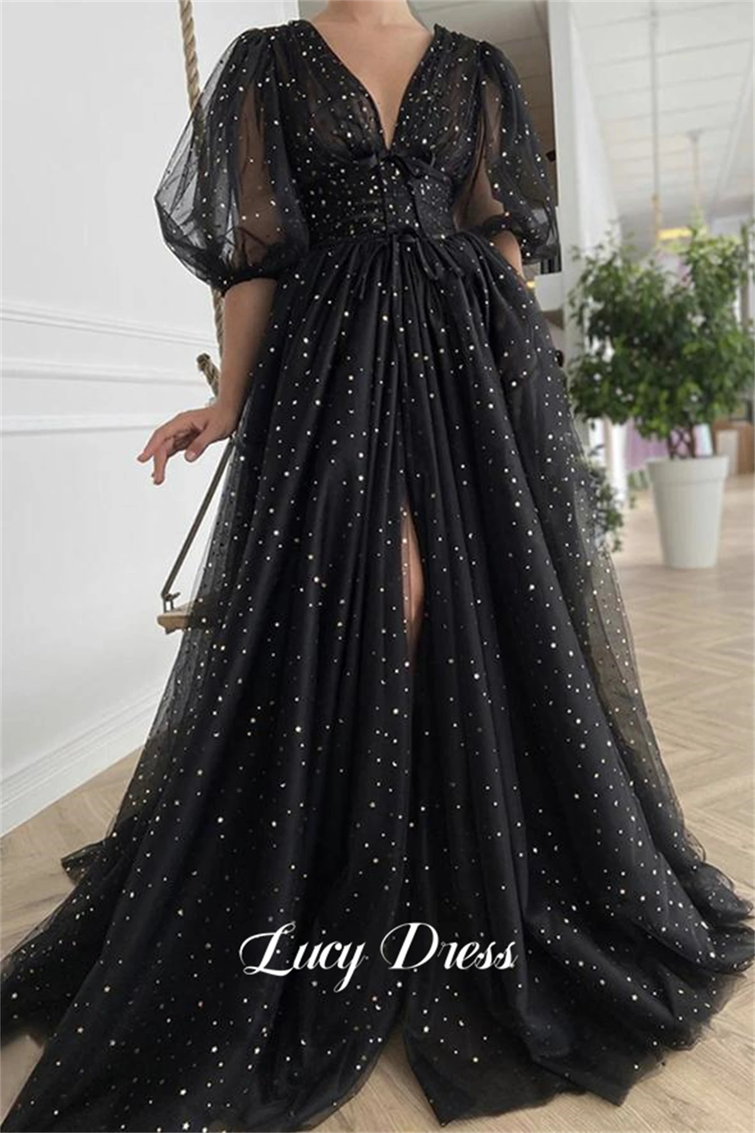 

Lucy Women Evening Dress Star Mesh Fabric Puff Sleeves V-neck Graduation Gown Slit Party Black Ball Gowns Happy Sharon Prom