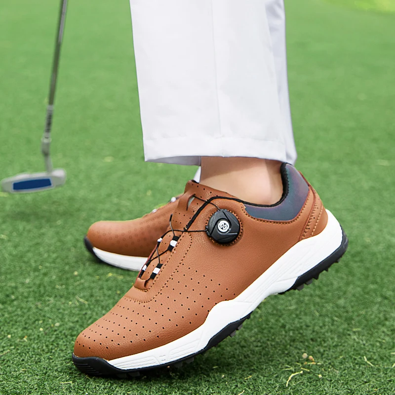 Sepatu Golf Mewah Bernapas Pria Nyaman untuk Olahraga Golf Tanpa Paku di Luar Ruangan, Sneakers Latihan Anti Selip Tahan Air untuk Berjalan