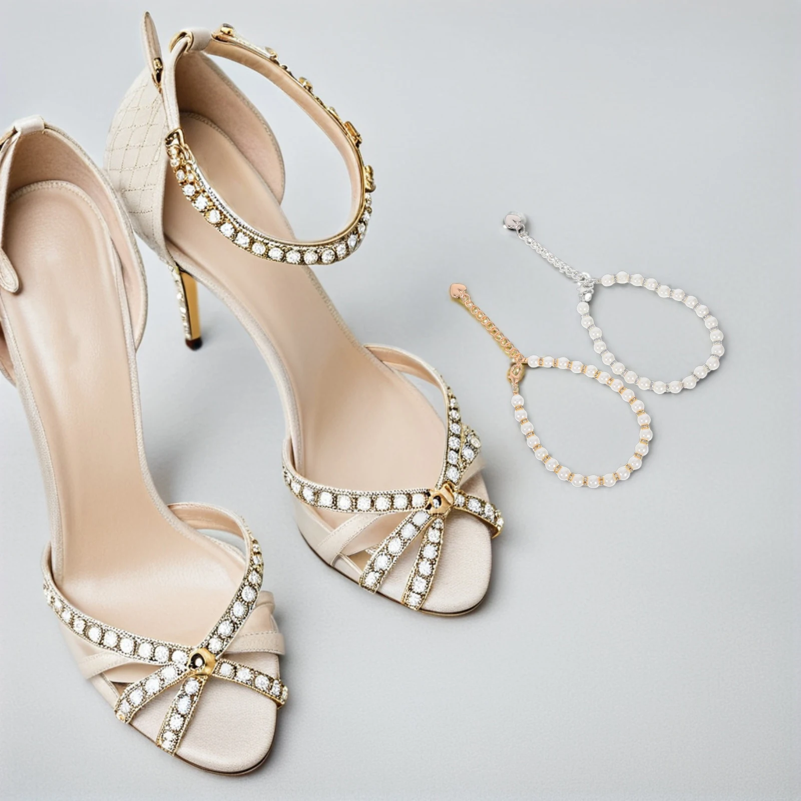 สายรัดรองเท้าส้นสูงประดับมุกเทียม 2 คู่ ป้องกันรองเท้าหลุด ให้ความรู้สึกสบายและสง่างาม