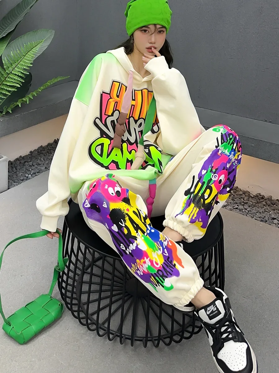 Cartoon Letter Print Hoodies Women 2024 Autumn New Oversized Sweatshirts Top and Pant Two-Piece Set Loose Leisure Sports Suit