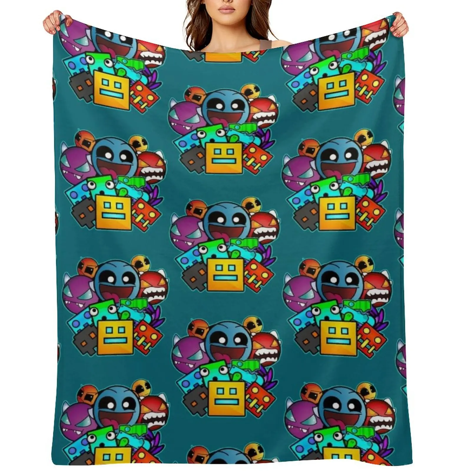 geometry dash old school gaming Throw Blanket Flannel Fabric For Decorative Sofa Blankets For Baby Custom Blankets