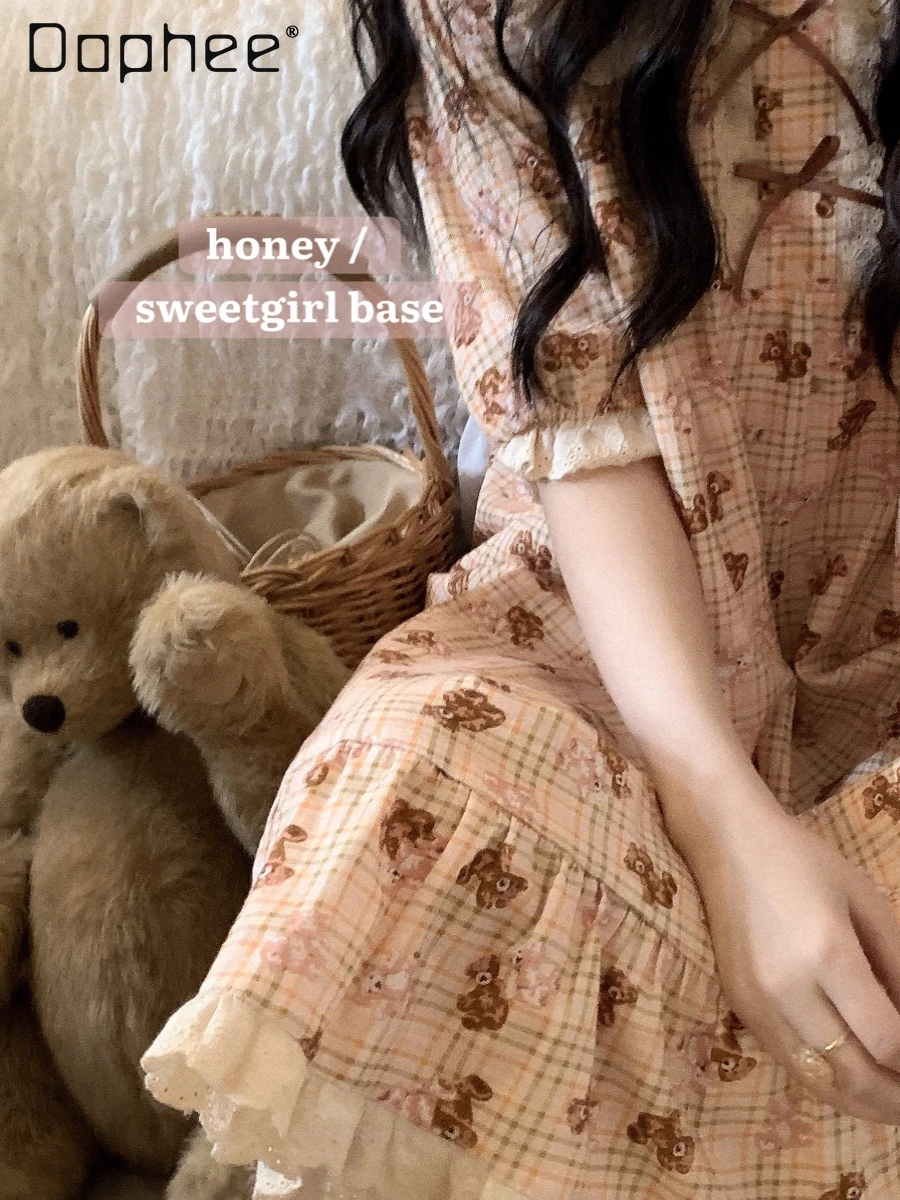 

Bear Plaid Nightgown Lace Patchwork Peter Pan Collar Bow Short Sleeve A Line Pullover Sleepshirts Cute Home Clothes Retro