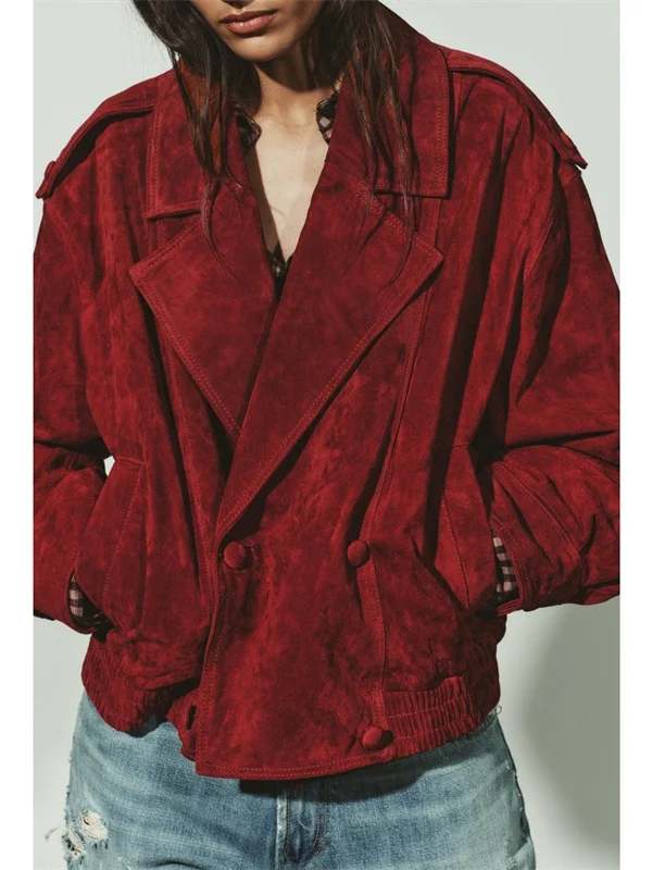 Invierno nueva mujer Casual Faion doble botonadura solapa larga Sve rojo imitación cuero Jaet prendas de vestir exteriores Slim Fit viaje Sle